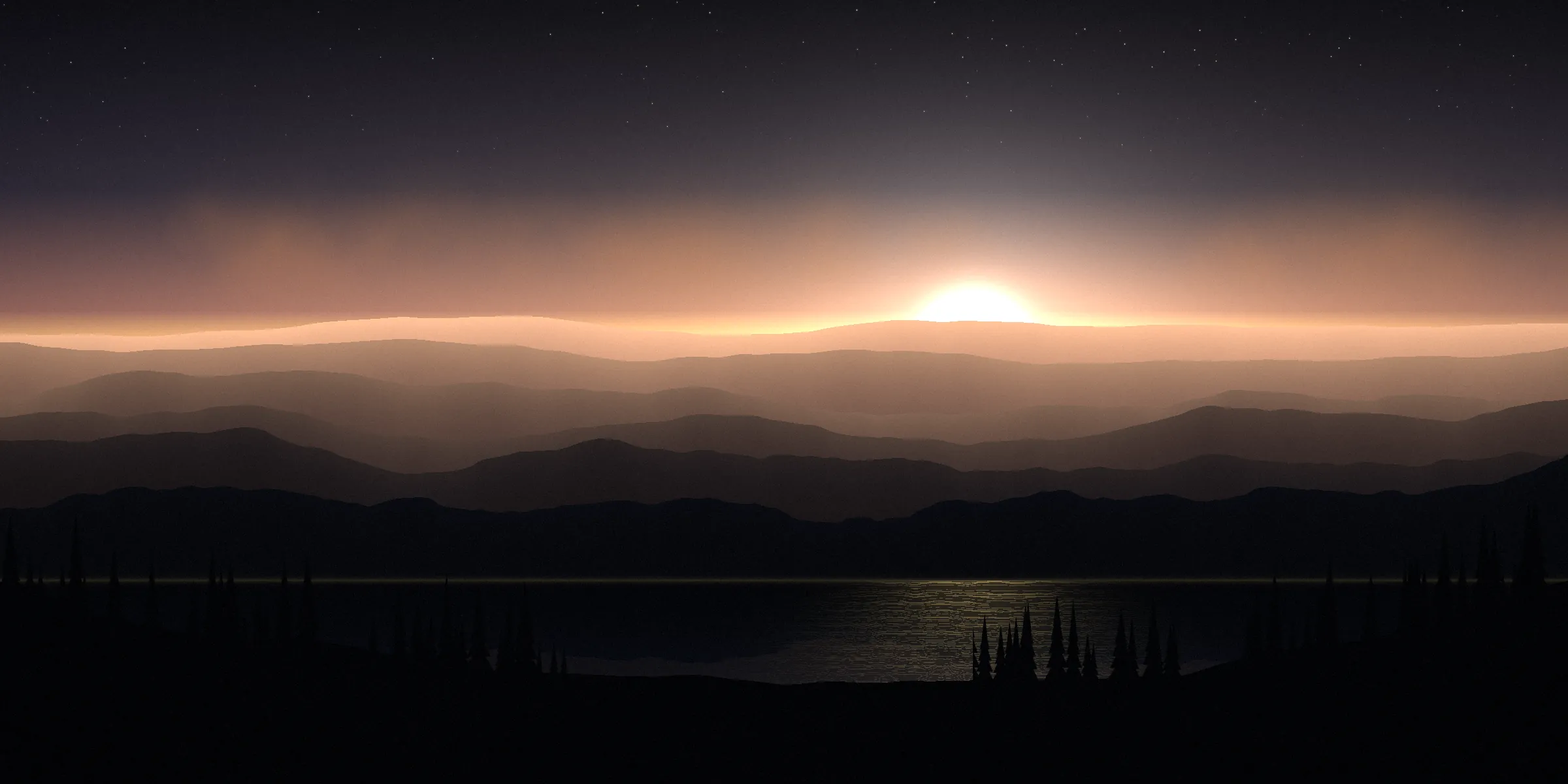 Layered mountain ranges and a lake at dawn