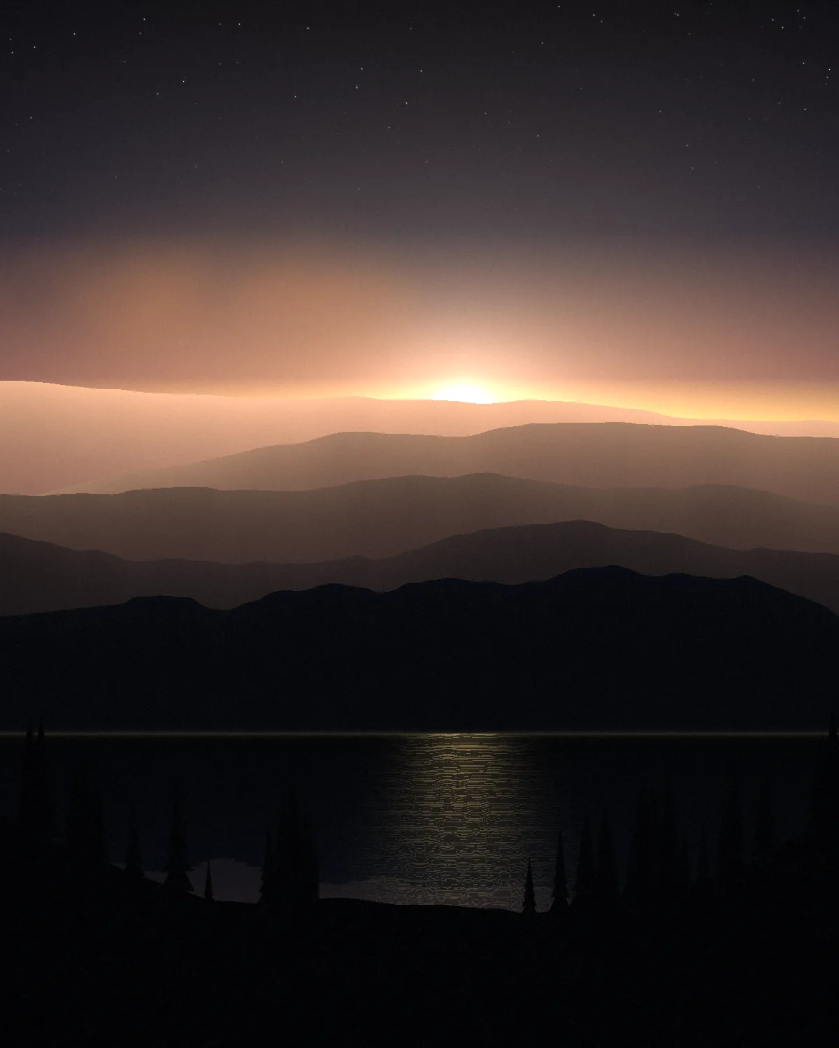Mountains and a still lake at sunrise, framed by forest