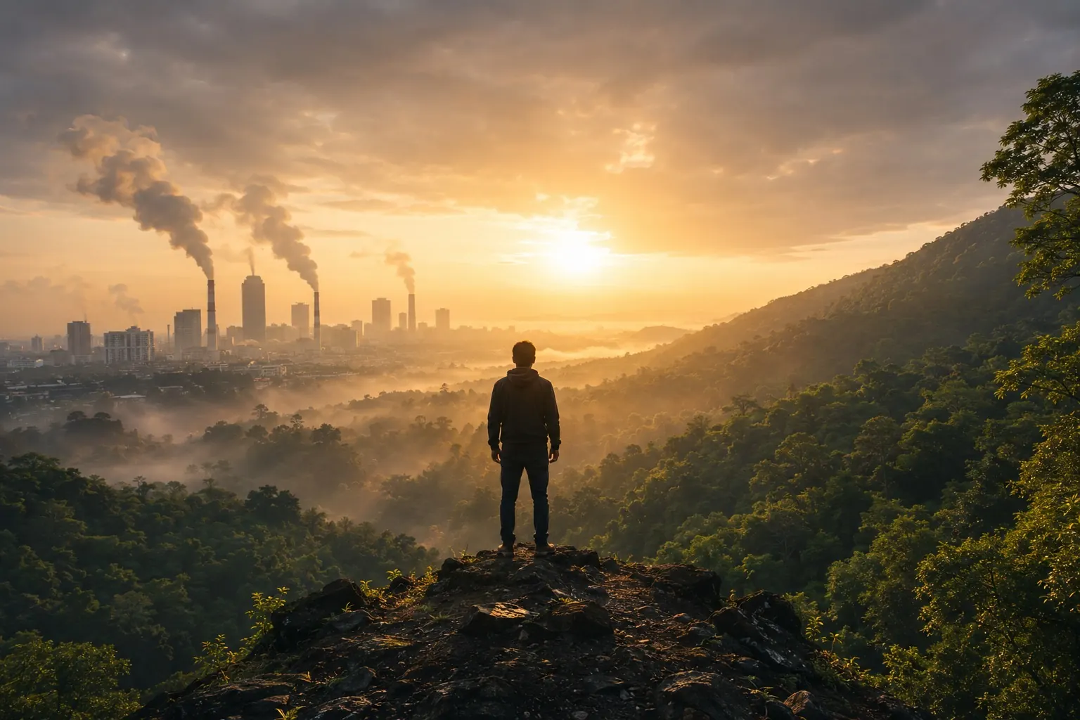 A lone figure on a forested ridge watches the sun rise over a smoking industrial city